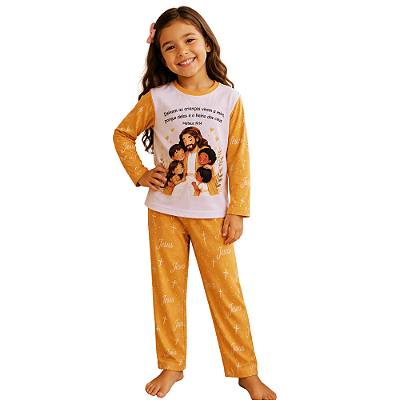 Pijama infantil Jesus e as crianças - calça e manga longa - amarelo