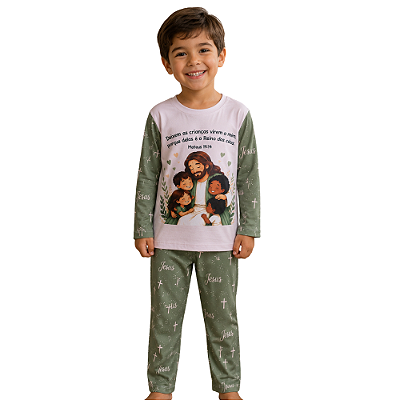 Pijama infantil Jesus e as crianças - calça e manga longa - verde