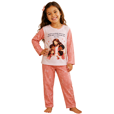 Pijama infantil Jesus e as crianças - calça e manga longa - rosa