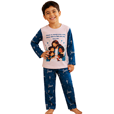Pijama infantil Jesus e as crianças - calça e manga longa - azul