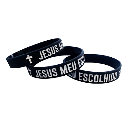 Pulseira de Silicone Cristã - Jesus meu Escolhido - Preta 18 cm e 19 cm
