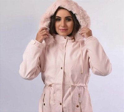 Jaqueta Parka Rosa Feminina com Capuz