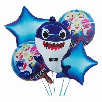 Kit 5 Balões Metalizados Baby Shark Tubarão Azul