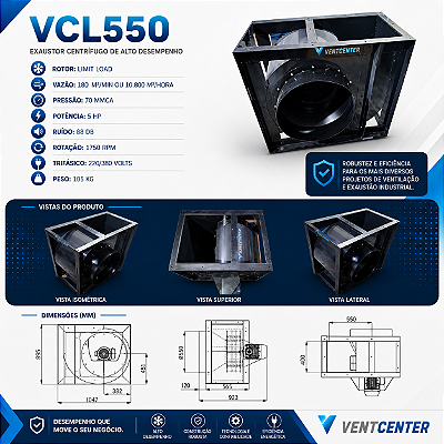 Exaustor Centrífugo Limit Load VCL550 Trifásico para Alta Pressão e Dutos