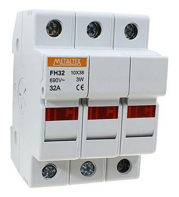 Porta Fusível 10x38mm 3 Polo 32 Amperes Indicador Fusível