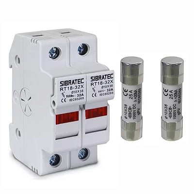 Porta Fusível Solar 1000v 32a 2 Polos + Fusível Gpv/Ar Ultra Rapido