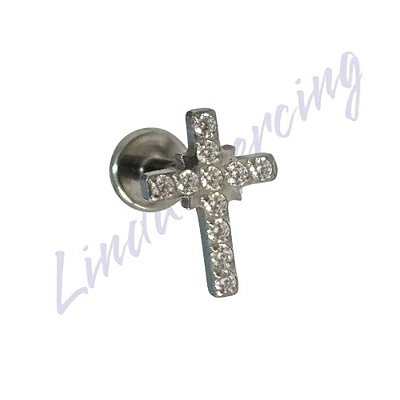 Piercing Labret Titânio Cruz Cravejado 1.2x8