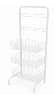 EXPOSITOR DE CHÃO C/03 CESTO E 02 GANCHEIRAS BRANCO