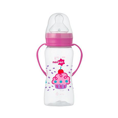 Mamadeira Criativa com Alça, Boca Larga, Ortodôntica, 300ml, Rosa - Neopan