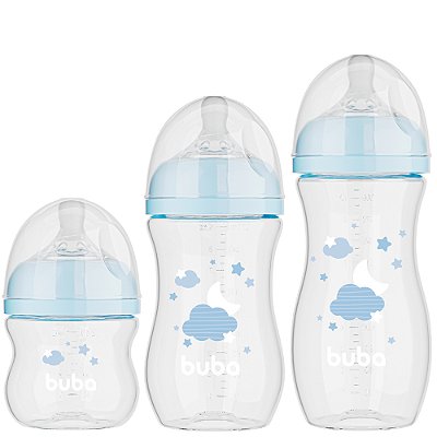 Kit 3 Mamadeiras Easy Flow Nuvem Azul, 120ml/270ml/330ml, Anticolica - Buba