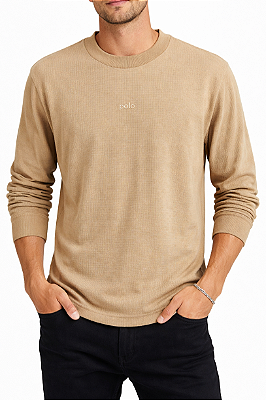 Camiseta manga longa adulto gola supreme tricot com bordado.