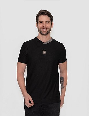 Camiseta Adulto Manga Curta Masculina Gola Ribana Duas Cores