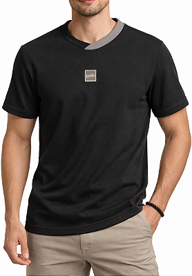 Camiseta Adulto Manga Curta Masculina Gola Ribana Duas Cores