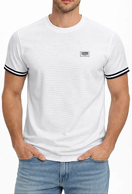 Camiseta Masculina Manga Curta Barra Tecido Canelado Moderno