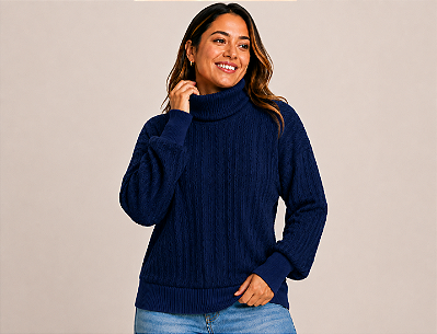 BLUSA TRICOT GOLA ALTA AZUL MARINHO TAL MÃE - ATACADO