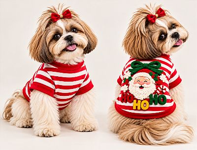 Camiseta Pet Natalina Listrada com Papai Noel | Sob Encomenda | Atacado Gaby Feulo Moda Pet Premium