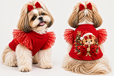 Camiseta Pet Natalina Canelada 100% Algodão com Babado de Tule | Atacado Gaby Feulo