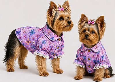 Camisa Alfaiataria para Cachorro Manga Princesa Renda Borboleta com Botão de Pressão – Atacado