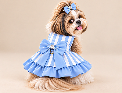 Vestido Pet Petit Perle Azul 100% Algodão com Botão de Pressão | Coleção Petit Atacado Gaby Feulo