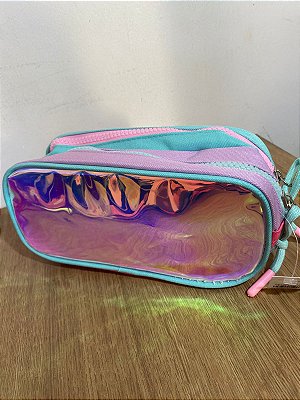 Estojo Escolar Holográfico Pastel com Zíper Duplo