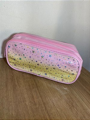 Estojo Escolar Rosa com Estrelas Holográficas - Triplo Zíper