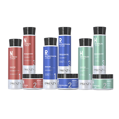 Kit Cronograma Capilar Essenza – 3 Kits de 3 Passos Reconstrução, Hidratação e Nutrição