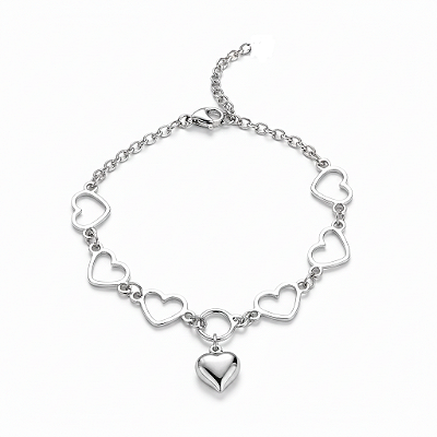 Pulseira Corações Vazados e Pingente Liso em Aço Inoxidável