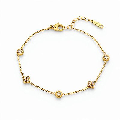 Pulseira Delicada em Aço Inox com Flores Simples e Zircônia Cúbica