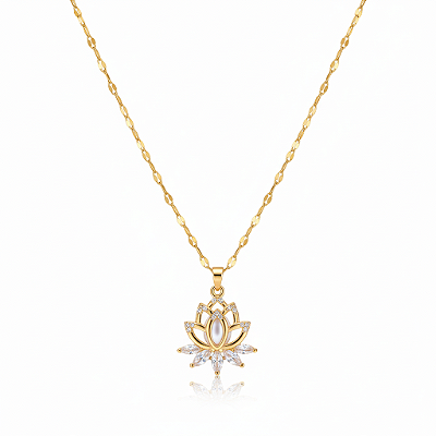 Colar Delicado em Aço Inox - Flor de Lótus com Pedra de Zircão
