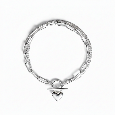 Pulseira Dupla com Pingente Coração em Aço Inoxidável