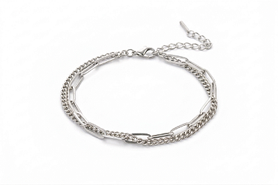 Pulseira Dupla de Elos em Aço Inoxidável Prateada
