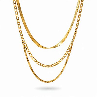Colar Fígaro com Corrente de Três Camadas em Aço Inoxidável Dourado