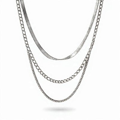 Colar Fígaro com Corrente de Três Camadas em Aço Inoxidável Prateado