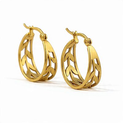 Brinco Argola Ramo de Oliveira em Aço Inoxidável Dourado