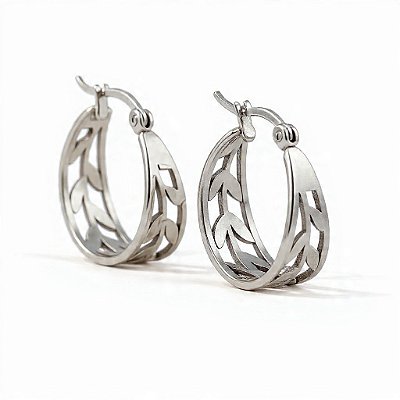 Brinco Argolas Ramo de Oliveira em Aço Inoxidável Prateado