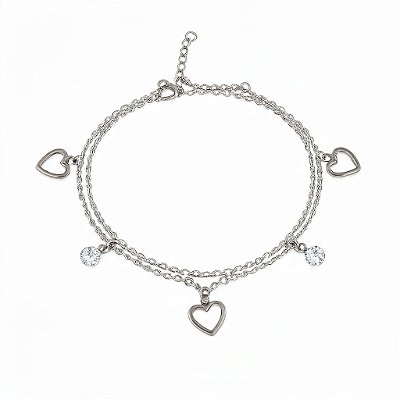 Pulseira Dupla Coração com Zircônias em Aço Inoxidável