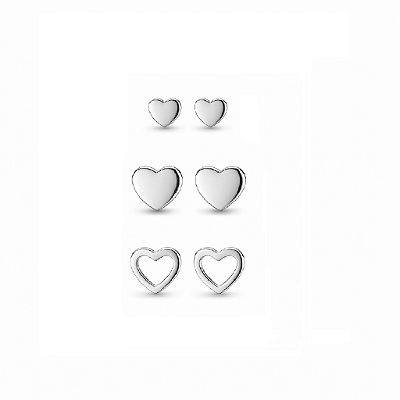 Trio de Brincos Corações em Aço Inoxidável
