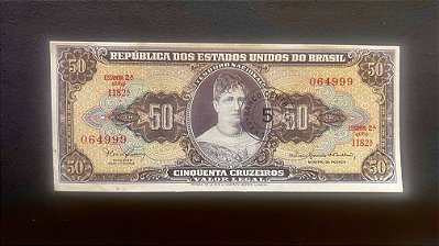 Cédula do Brasil - Cinquenta Cruzeiros - carimbo 5 Centavos - Princesa Isabel - Sob - ref.199