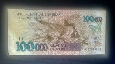 Cedula do Brasil - Cem Mil Cruzeiros - Beija FLor - FE - ref.200