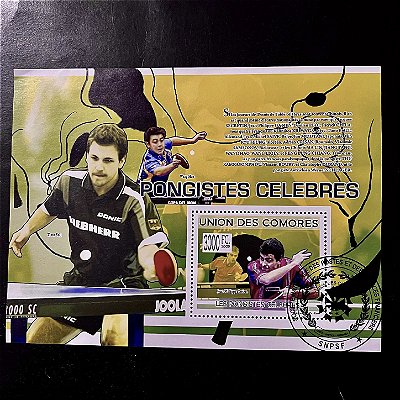Bloco de Selos Estrangeiros - União das Comoras - Jogadores Célebres de Tenis de Mesa - Pongistes Celebres - 2009 - com carimbo - ref.643