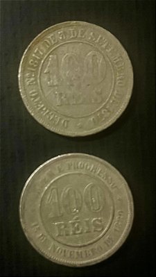 02 Moedas do Brasil de Cupro Niquel - 100 Reis 1871 e 100 Réis 1889 - Mbc - ref.346