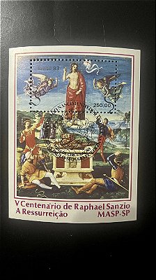 Bloco de Selos do Brasil - V Centenário de Raphael Sanzio - 1983 - com carimbo comemorativo - ref. 796