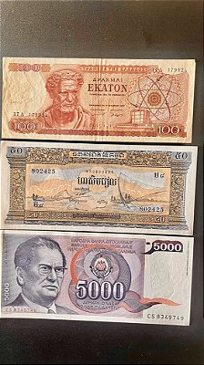 03 Cédulas Estrangeiras - Iugoslavia - Camboja - Grecia - FE - ref.832
