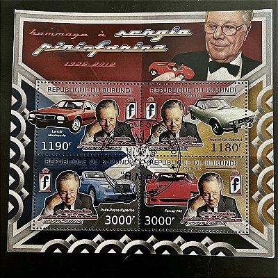 Bloco de Selos Estrangeiros - Homenagem ao Designer automotivo Sergio Pininfarina -Republica do Burundi - 2012 - ref.846