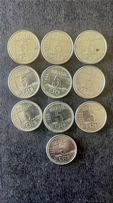 10 Moedas de Aço Inoxidável do Brasil - 5 Cruzeiros Reais - 1993 - Mbc - ref.877