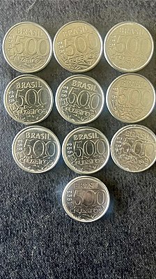 10 Moedas de Aço Inoxidável do Brasil - 500 Cruzeiros - 1993 - Mbc - ref.885