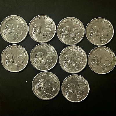 10 Moedas de Aço Inoxidável do Brasil - 5 Centavos - Serie FAO - Carne - 1975 - Mbc - ref.905