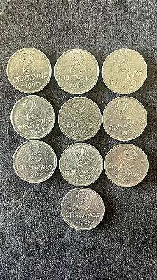 10 Moedas de Aço Inoxidável do Brasil - 2 Centavos - 1967 - Mbc - ref.916