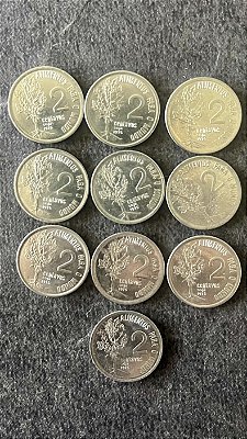 10 Moedas de Aço Inoxidável do Brasil - 2 Centavos - Série FAO - Soja - 1975 - Mbc - ref.920