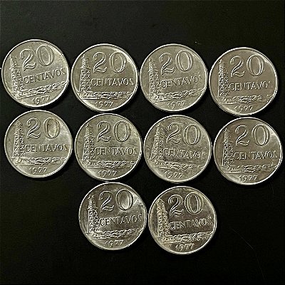 10 Moedas de Aço Inoxidável do Brasil - 20 Centavos - 1977 - Mbc - ref.927